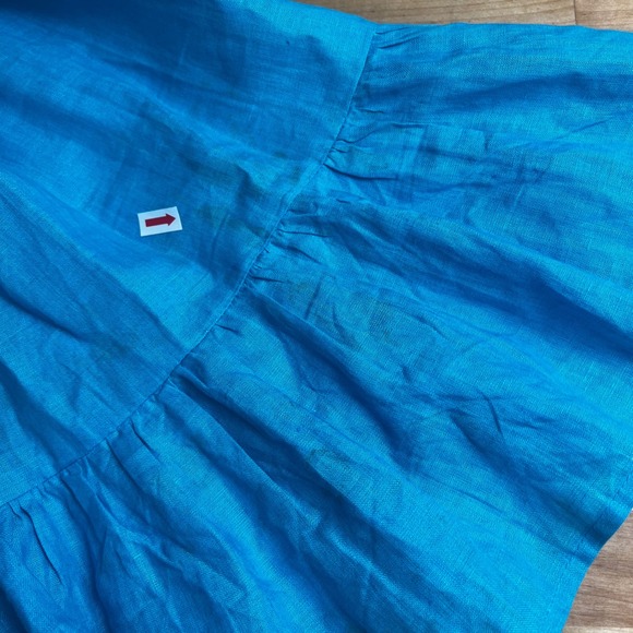 Mille Resort Mini Dress Smocked Turquoise Blue Linen Dress Ruffle Sleeves Size S - Picture 11 of 14